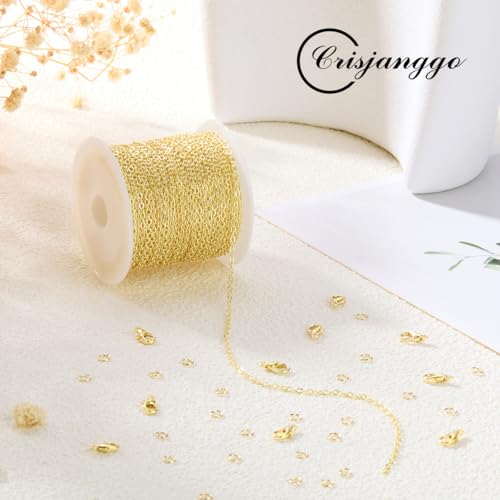 Crisjanggo 32.8 Feet 14K Gold Plated Brass Chains for Jewelry Making Men Women DIY Craft Necklace Bracelet Chains Roll Bulk with Lobster Clasps and Jump Rings - color: Rolo Gold