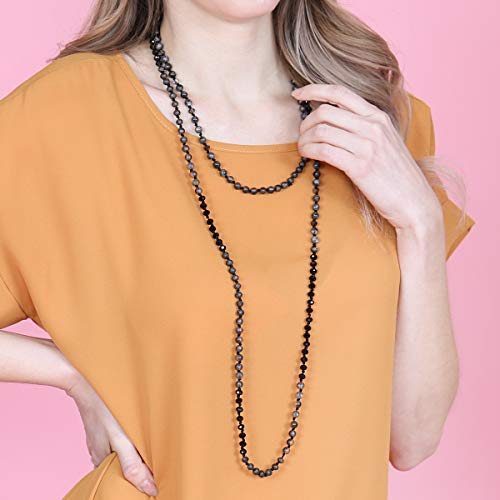 Bead Strand Versatile 60" Long Wrap Necklace - Handmade Knotted Multi Layer Sparkly Crystal, Semi Precious Natural Stone, Lava, Glass Faux Pearl - color: Natural Stone & Sparkly Bead Mix - Black