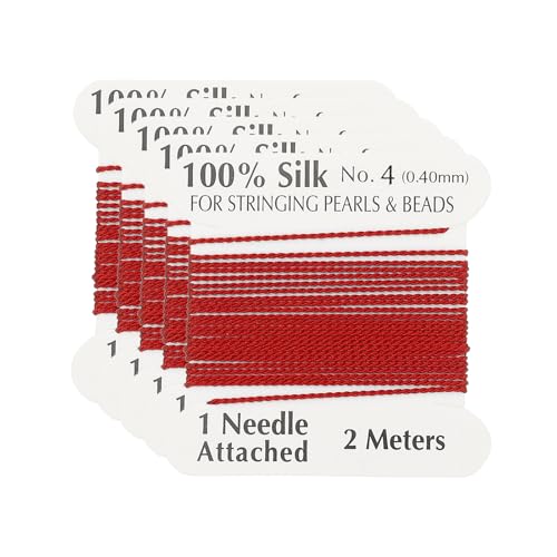 PATIKIL Silk Cord Thread, 5 Pcs Pure Silk Beading Thread Cord Size 0.6 mm with The Knotting Pearls Needle Attached, Red - color: Red