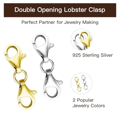 2 Pcs 925 Sterling Silver Double End Design Lobster Clasp 9MM Chain Extender Double Claw Connector Extension Clasps for Bracelet Jewelry Making Necklace Clasps and Closures (Gold and Silver)
