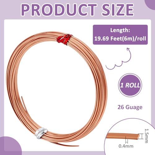 BENECREAT 19.7FT 26 Gauge Flat Copper Wire, 1.5mm Wide Flat Craft Wire Tarnish Resistant Jewelry Wire for DIY Jewelry Craft Making - size: 1.5mm