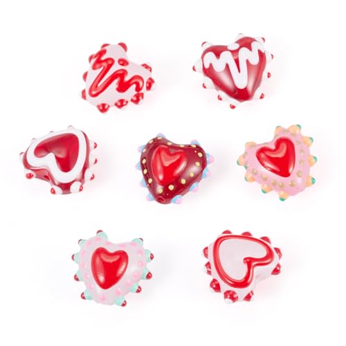 Beadthoven 7Pcs Bumpy Heart Lampwork Glass Beads Red Heart Shaped Glass Crystal Bead Charm Handmade Valentines Love Crystal Bead for Jewelry Making Bracelet Earrings Ornaments DIY Supplies - color: Heart Red