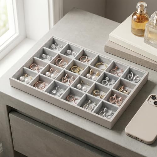 2-Piece Gray leather Stackable Jewelry Organizer Tray Set, Bracelet Ring Earring Holder Box, Necklace Display Stand for Storage and Retail Display (24 Grids) - style: 24 Grids