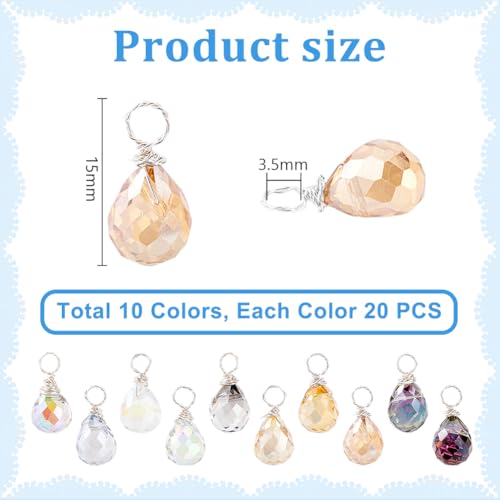PH PandaHall 200pcs Faceted Teardrop Charms, 10 Colors Crystal Charms Transparent Glass Crystal Pendants Wire Wrapped Glass Charms Drop Dangle Charms for Necklace Clip on Earings Bracelet Craft Making
