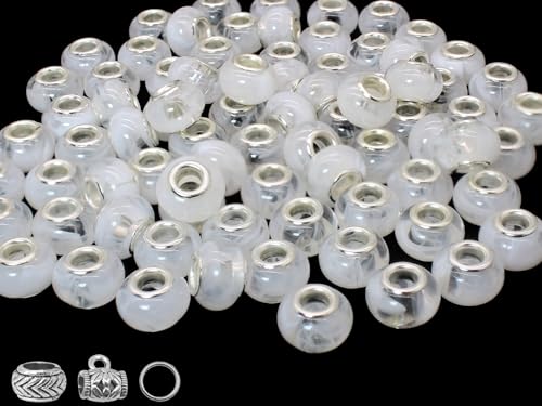 White European Craft Beads for Jewelry Making - Large Hole Resin Beads for DIY Charm Bracelets, 140pcs 14mm Rondelle Slide Charms (PT412) - color: PT412 White Mica-shaped bead