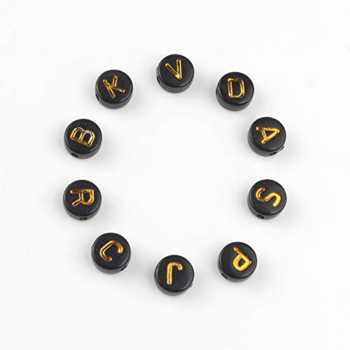 1200pcs Black Letter Beads for Bracelets Round Acrylic Black and Gold Alphabet Beads 4x7mm for Jewelry Making - color: 1200pcs black gold letter