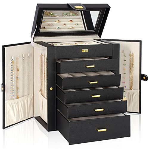 AKOZLIN Large Jewelry Box Organizer Functional with Big Mirror, Leather Jewelry Storage Case for Women Girls Ring Necklace Earring Bracelet Holder Organizer - color: Black, size: Large