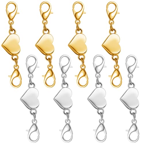 Heart Magnetic Clasp, Double Lobster Closure for Necklace Bracelet, Jewelry Making Connector (4gold+4silver) - color: 4gold+4silver