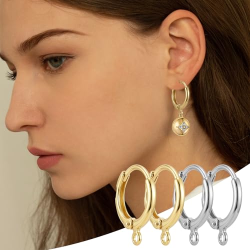JUNCHONG 12Pcs Earring Hooks, Round Small Huggie Hoop with Loop Ear Leverback Hooks, Hypoallergenic 14mmx2mm Earring Findings for Jewelry Making, Gold+Silver - color: Gold+Silver