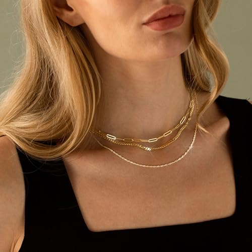 3PCS Gold Necklaces for Women,Chunky Statement Gold Plated Necklace Stack Layered Sterling Silver Herringbone Chains for Women Dainty Trendy Silver Chains Stacked Jewelry Gifts - color: gold stack necklace set