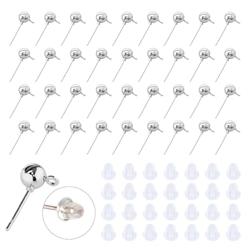 340PCS Ball Earring Studs and Backs for Jewelry Making, 140PCS Round Balls Post Earring Studs with Loop and and 200PCS Clear Backs for DIY Jewelry Making(White K) - color: silver
