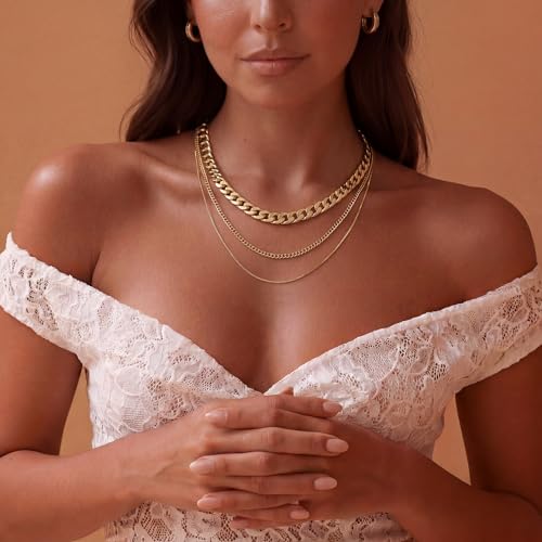 Freekiss Women's Layered Necklace Set - 3 Piece Dainty Gold Jewelry for Everyday Stacking | 14K Gold Plated Snake Chain, Rope Chain, Cuban Chain | Adjustable Length 14-18.5 Inch | Gift Ready - color: Gold, style: 8mm Cuba+Box Chain+2.5 Cuba