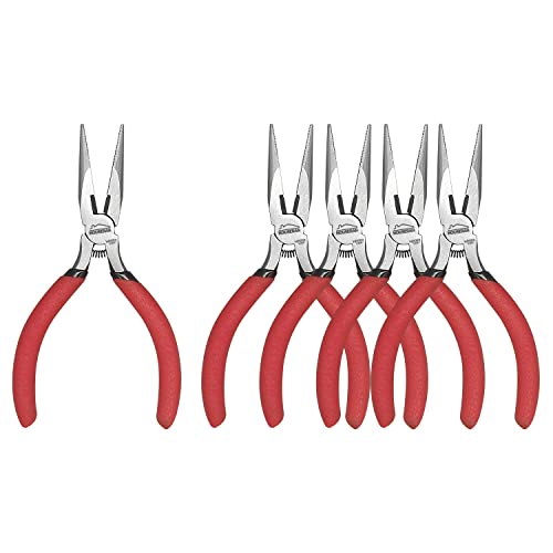 Needle Nose Pliers, 5 Inch, 5 Pack, Long Nose Pliers with Side Cutter, Spring Loaded for Cutting and Bending Wire - color: Red