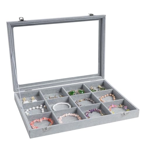Wudygirl 12 Grid Jewelry Organizer Velvet Jewelry Tray with Clear Lid Jewelry Box Bracelet Holder Display Case Storage Bracelets Rings Earrings Organizer (12 Grid) - style: 12 Grid Tray