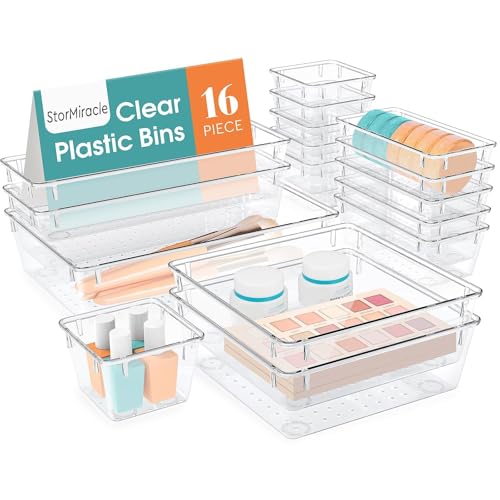 StorMiracle 16 PCS Drawer Organizer Set, 5 Varied Size Bathroom and kitchen Drawer cabinet organizer Trays, Clear Storage Bins for Makeup, Jewelry, Utensils and Gadgets - color: Clear, size: 16 PCS