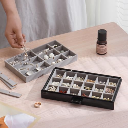 YUFONG Earring Organizer Box Acrylic Jewelry Organizer with 3 Drawers 54 Adjustable Grids Clear Stackable Earring Holder Velvet Trays Ring Display Case for Women Girls (Black Gray) - color: Black Gray