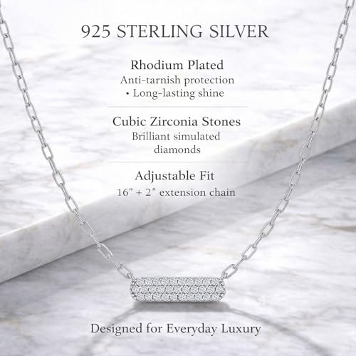 Horizontal Bar Necklace for Women, Sterling Silver or 14K Gold Plated Silver, Minimalist, CZ Diamond, Dainty Bar Pendant - Unique Jewelry Gift - style: Full Pavé - Silver