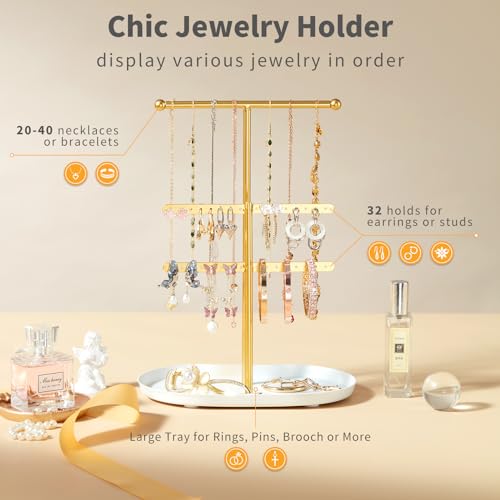Saydear Elegant Jewelry holder Organizer 2-Tier Display Storage Stand for Earrings Necklaces with Ring Tray Spacious and Durable, Easy to Assemble White & Gold - color: White & Gold