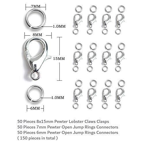 AD Beads 50 Pieces Lobster Claws Clasps Plus 100 Pieces 7mm Open Jump Rings Suitable for Necklace Bracelets Jewelry (8x15mm, Pewter) - color: Pewter, size: 8x15mm
