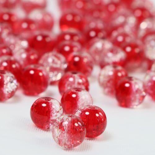 100Pcs 10mm Crackle Glass Beads for Jewelry Making - Round Spacer Crystal Beads Bulk, DIY Craft Supplies for Necklace Bracelet Earrings (Ruby red Transparent) - color: Ruby red Transparent