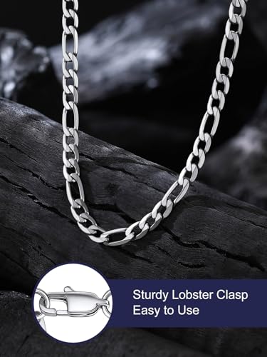 Bandmax Stainless Steel Figaro Chain Necklaces for Men Women, Silver/Gold/Black 4MM/6MM/9MM Flat Italian Style Figaro Link Chains Length 14"-30", Gift Packed - color: 02 6MM-Silver, size: 24 Inch