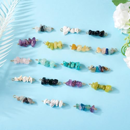 24Pcs Nuggets Gemstone Chip Connector Charms Irregular Energy Healing Crystal Beaded Pendants with Double Loops Stone Dangle Link Charms for DIY Earring Necklace Bracelet Jewelry Making - color: Mixed Color-A