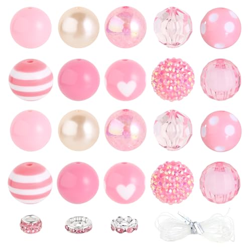 35 Pcs Chunky Bubblegum Beads 20mm Focal Pen Large Rhinestone Pearl Bead with Rhinestone Large Hole European Spacer Bead for DIY Beadable Pen School Jewelry Making Keychain Craft Making(Pink) - color: Pink