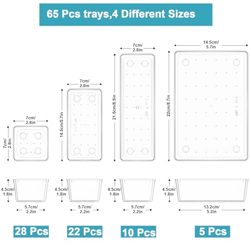 Manalete Drawer Organizers Set of 65, 4 Sizes Clear Plastic Drawer Organizers and Storage Bins for Kitchen, Bathroom, Office, Dresser Desk Drawer Organizer Tray for Jewelry, Makeup, Junk, Gadgets - size: 65pack(0-0-5-10-22-28)