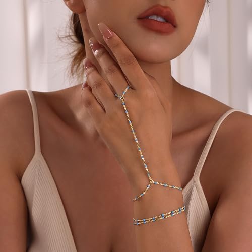 CHESKY 14K Gold Plated Hand Chain Bracelets for Women Set - Dainty Finger Ring Bracelet Stack Adjustable Hand Chains Durable Beaded Bracelets Trendy Simple Body Jewelry Gift for Women - style: 3color bracelet-gd