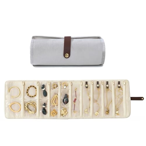 Portable Jewelry Roll Bag, Foldable Travel Jewelry Organizer Case with Zippered Pockets, Jewelry Storage Bag, Roll Up Jewelry Organizer Bag for Journey Rings, Necklaces, Earrings, Bracelets(Lightgray) - color: Light gray