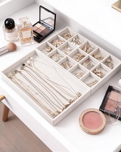 Stackable Jewelry Organizer Trays with Removable Dividers, 2-Tray Beige Jewelry Drawer Organizer Set for Earrings, Necklaces, Rings & Bracelets Gift for Her - size: 2 Layers