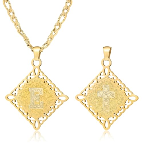 LETFLY Initial Necklaces for Women Men, 18K Gold Plated Letter Cross Pendant Necklace Alphabets A-Z Figaro Chain Jewelry Gifts - color: Rhombic, style: Letter E