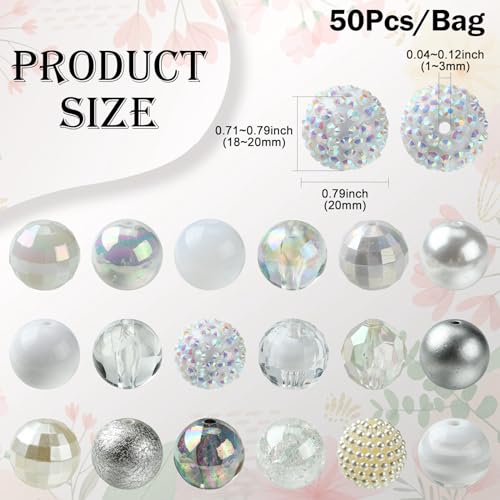 Ipotkitt 50 Pcs 20mm Acrylic Bubblegum Beads Round Spacer Loose Beads White Theme Disco Ball Chunky Rhinestone Beads for Pen Bag Chain Jewelry Making - color: 50pcs-White Bubblegum Beads-20mm