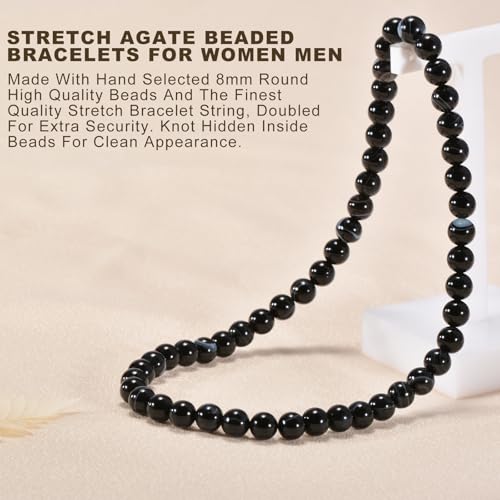 14in Agate Wrap Bracelet for Women Men Natural Round Beaded Agates Stone Healing Stretch Bracelets Elastic Handmade Polished Gemstone Beads Bracelet - color: Black White Agate, size: 8mm Beads