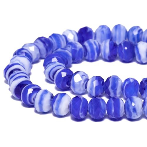 7.5×10mm 50pcs Blue White Faceted Lampwork Glass Beads for Jewelry Making, Flat Round Handmade Murano Beads for Bracelets, Crafts, Friendship Bracelet Kit, Rosary Making - color: Blue White
