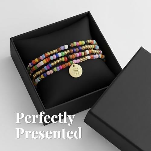 Set of 4 Colorful Bead Initial Bracelets, Personalized Stackable Jewelry, Adjustable Stretchy Charm Bracelets for Women, Beaded Bracelet Set, Trendy Custom Jewelry Gift - style: Colorful Bead - S