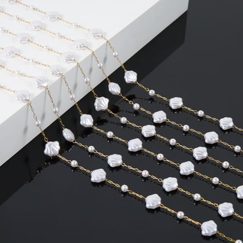 KYUNHOO 16.4FT/5M Artificial Shell Pearl Chain Roll Stainless Steel Paperclip Links Gold Plated Chains for Jewelry Making with Jewelry Connectors - color: Shell Gold