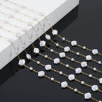 KYUNHOO 16.4FT/5M Artificial Shell Pearl Chain Roll Stainless Steel Paperclip Links Gold Plated Chains for Jewelry Making with Jewelry Connectors - color: Shell Gold