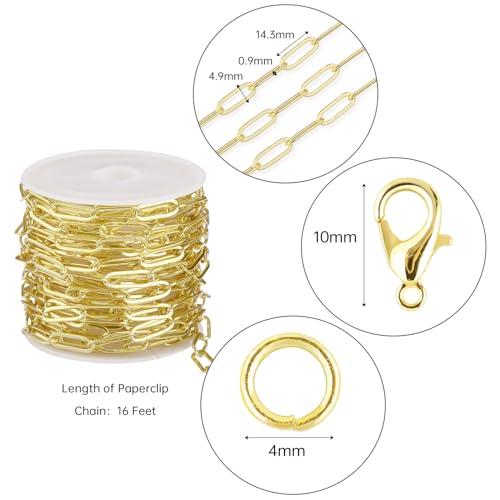 Crisjanggo 16 feet Jewelry Making Chains 14K Gold Plated Brass Paperclip Necklace Bracelet Chains for Women Men Jewelry Making with Jump Rings and Lobster Clasps - color: Paperclip Gold