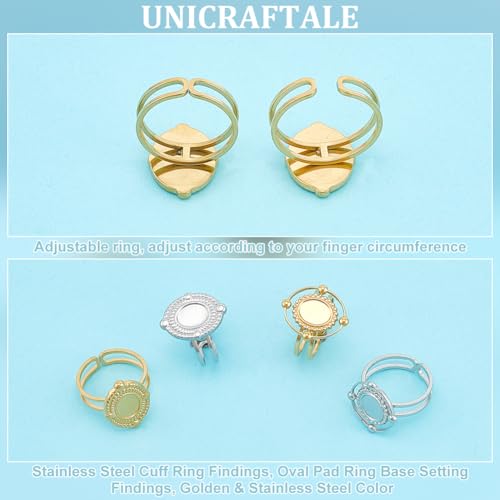 UNICRAFTALE 8Pcs 2 Colors Stainless Steel Open Cuff Rings Components Bezel Cup Ring Settings Gold Plated Oval Pad Ring Blanks Base Adjustable Blank Rings Tray 8~8.5x6~6.5mm for Jewelry Making - size: Tray: 8.5x6.5mm