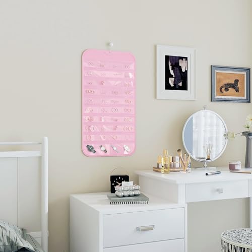 1 Pack Hanging Jewelry Organizer 80-Pocket Dual-sided Jewelry Storage for Earring Necklace Bracelet Ring Travel Holder, Pink - color: Pink