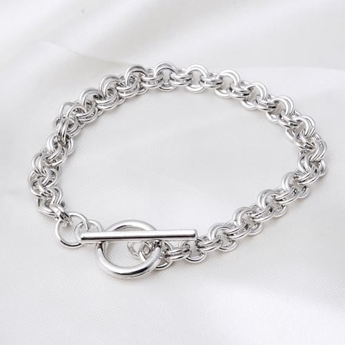 RUBYCA 10Pcs Toggle Clasp Silver Color Charm Rolo Bracelet Double Long Link Chain 18cm DIY Jewelry - color: 10 PCS, size: 18 CM