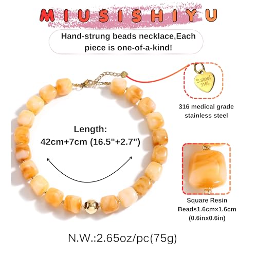 Chunky Necklaces for Women, Trendy Colorful Square Acrylic Resin Beads Statement Choker Necklace, Lightweight Boho Summer Beach Vacation Jewelry - color: Honey color