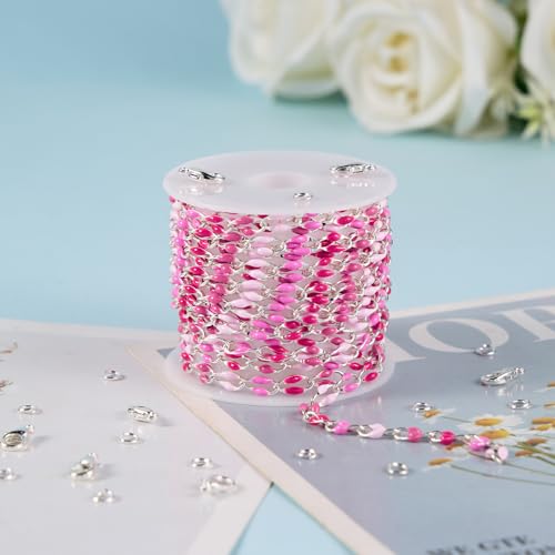 YOUBEIYEE 6.5 Feet Colorful Rose Pink Enamel Chain for Jewelry Making Oil Drip Link Chains Silver Plated Jewelry Chain Roll with Jewelry Findings - color: Rose Pink Silver