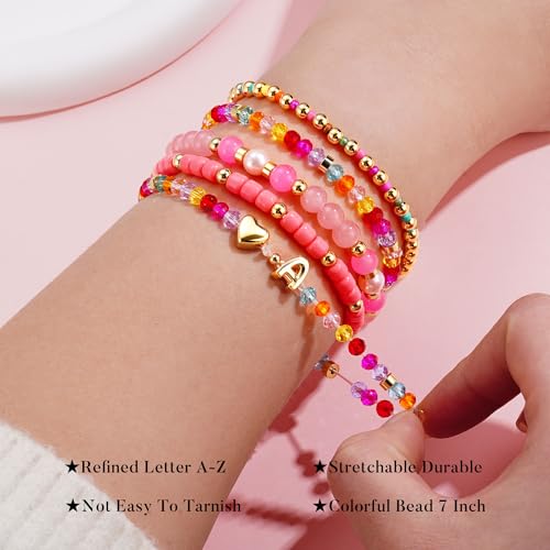 Turandoss Mothers Day Gifts for Daughter Teen Girls Kids - 5PCS 14K Gold Plated Dainty Beaded Bracelet Set Stack, Colorful Letter Charm Stretch Bracelets Beads Ball for Teen Daughter Jewelry Gifts - color: A.
