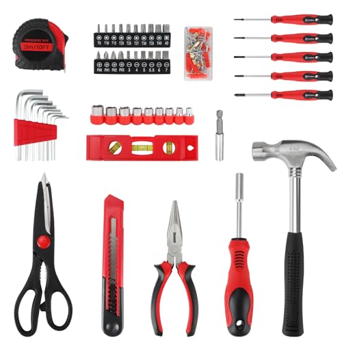 51-Piece Red Tool Set, Home Tool Kit with Toolbox Storage Case Home Repair Tool Kit with Drawer for Women