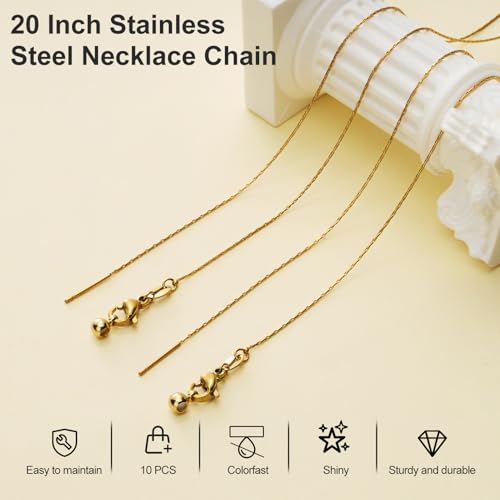 Crisjanggo 10 Pack 20 Inches Gold Adjustable Thin Necklace Chain Bulk for Jewelry Making Gold Plated Stainless Steel Chains with Lobster Clasps for Women - color: Gold Circle