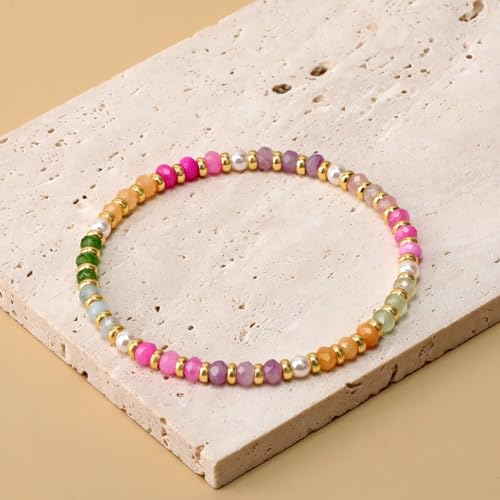 QOGIR 14k gold Handmade Healing Bracelet, Natural Gem Stone Crystal Elastic Gold Bracelet - color: 01- Multicolor Beads, size: 4m
