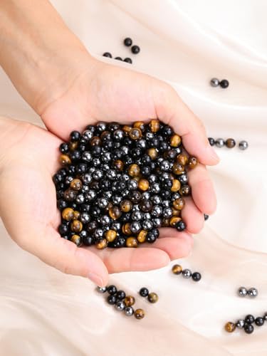 Jovivi 100pcs 8mm Round Stone Beads Mixed - Tiger Eye, Obsidian, Hematite - Polished - Genuine - For Jewelry Making & Crafting - color: Triple - Tiger Eye+Black Obsidian+Hematite