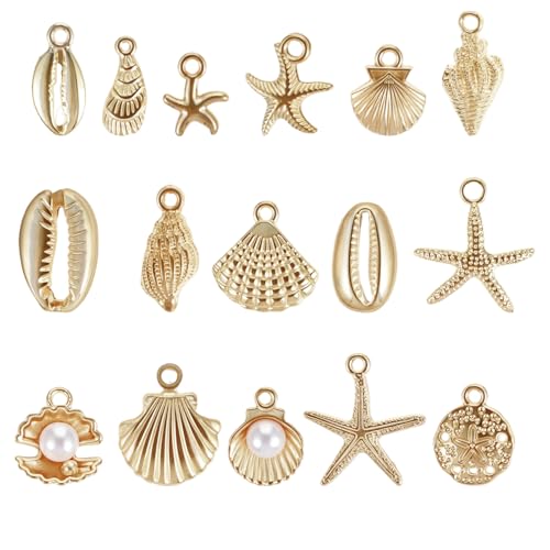 16Pcs Beach Charms, Summer Pendant Starfish Seashells Conches Ocean Charms for Jewelry Making, Alloy Charm Pendants for Bracelets Necklaces Earrings Keychain DIY Crafts Accessories, Gold